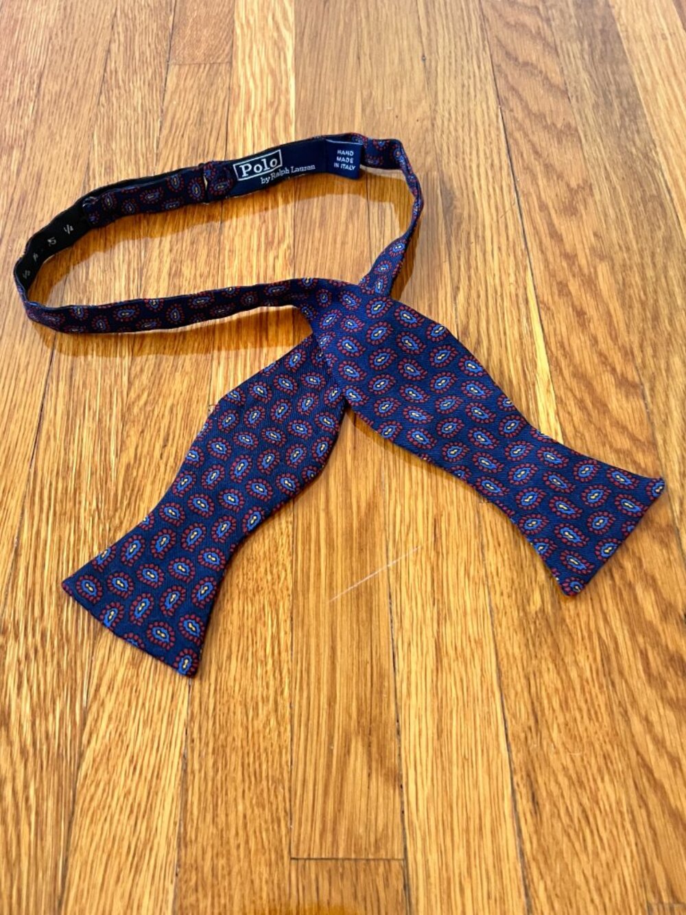 Vintage Polo Ralph Lauren Navy Blue Paisley Italian Made Adjustable Wool Bow Tie